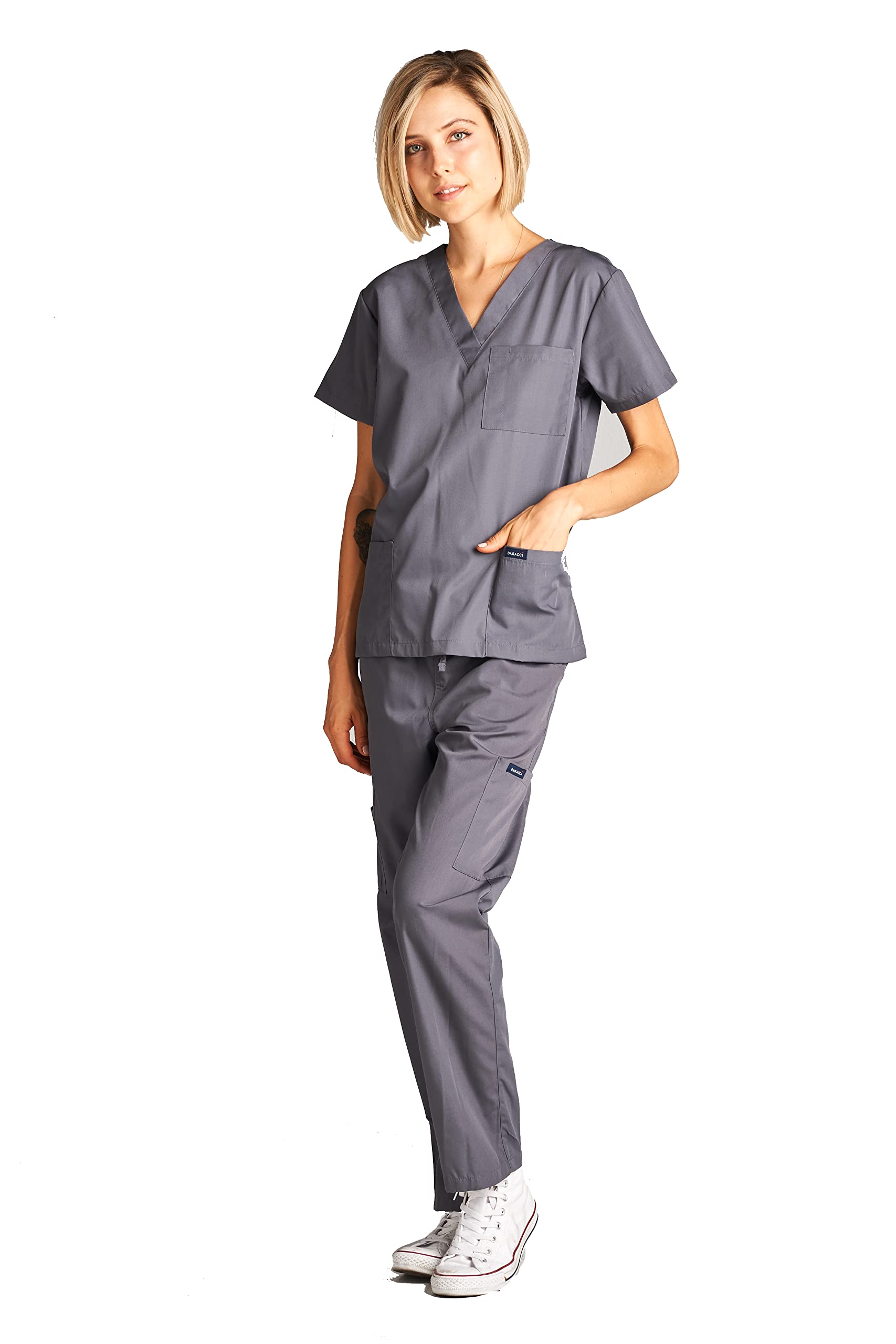 Dagacci Scrubs Medical Uniform Women and Man Scrubs Set Medical Scrubs Top and Pants, Petwer Gray, Medium