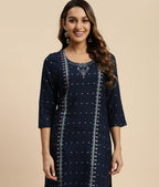 Rangita Navy Blue Rayon Calf Length Printed Straight Kurti For Women | Kurta For Women