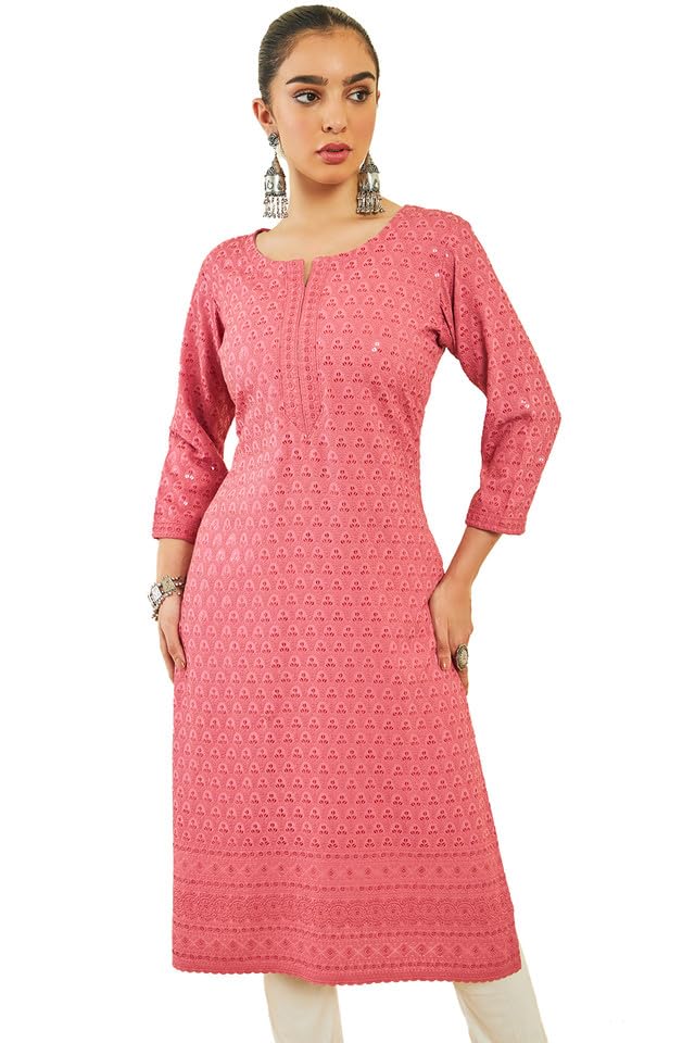 Soch Womens Onion Pink Rayon Sequin Embroidered Boat-Neck Straight Kurta
