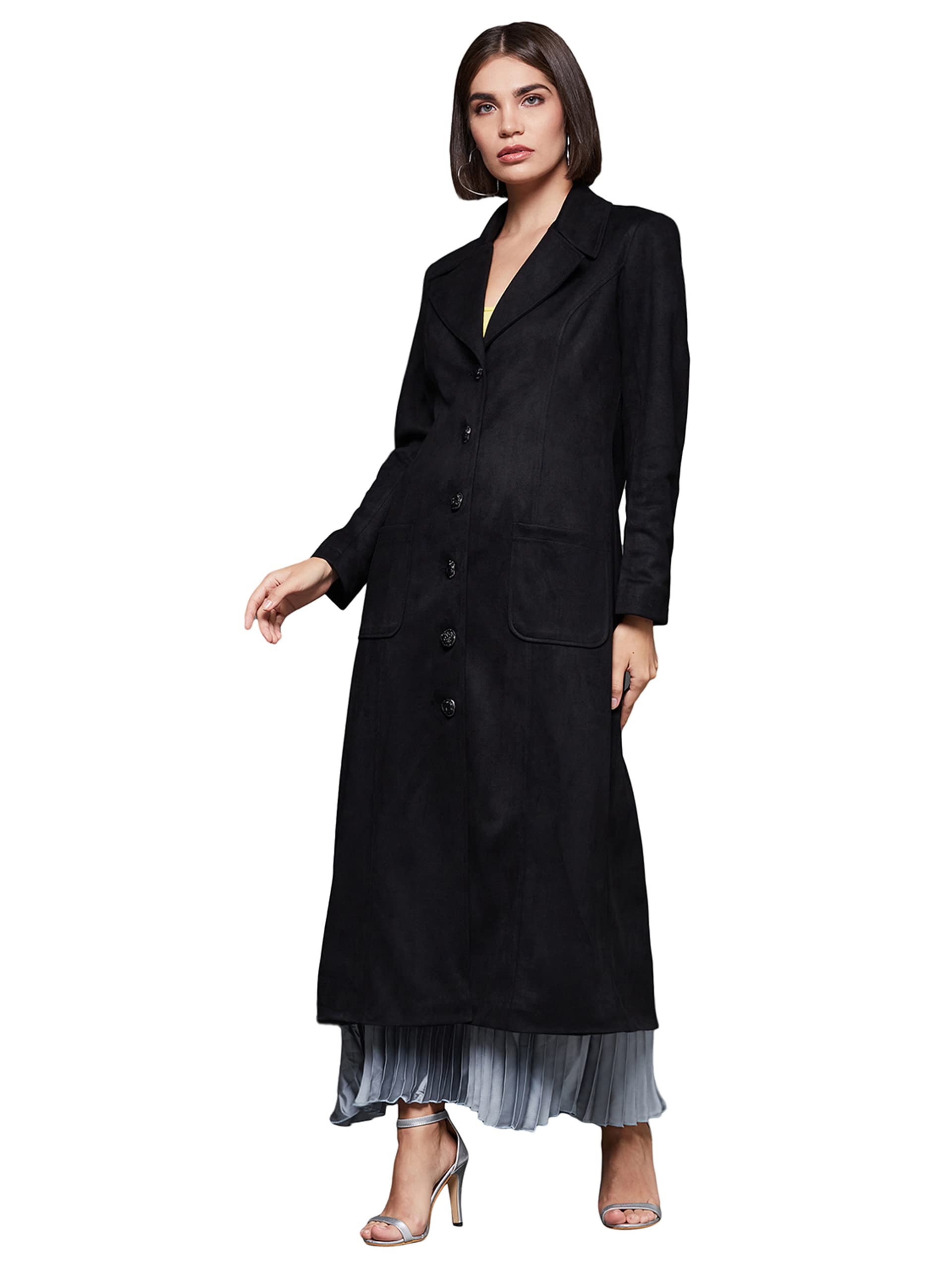 Miss Chase WomenS Black Solid V-Neck Full Sleeves Polyester Button Winter Wear Jacket (Mcaw22Jkt03-47-62-06, Black, Xl)