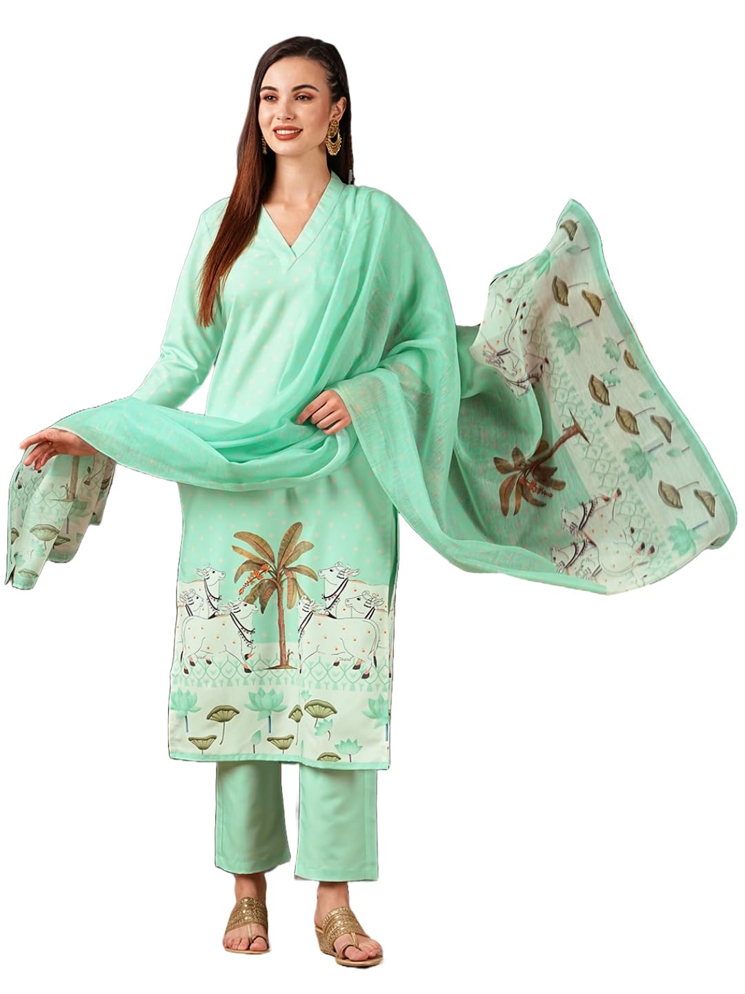 ANNI DESIGNER Ladies Cotton Blend Dupatta Kurta Trousers, See Green, XL