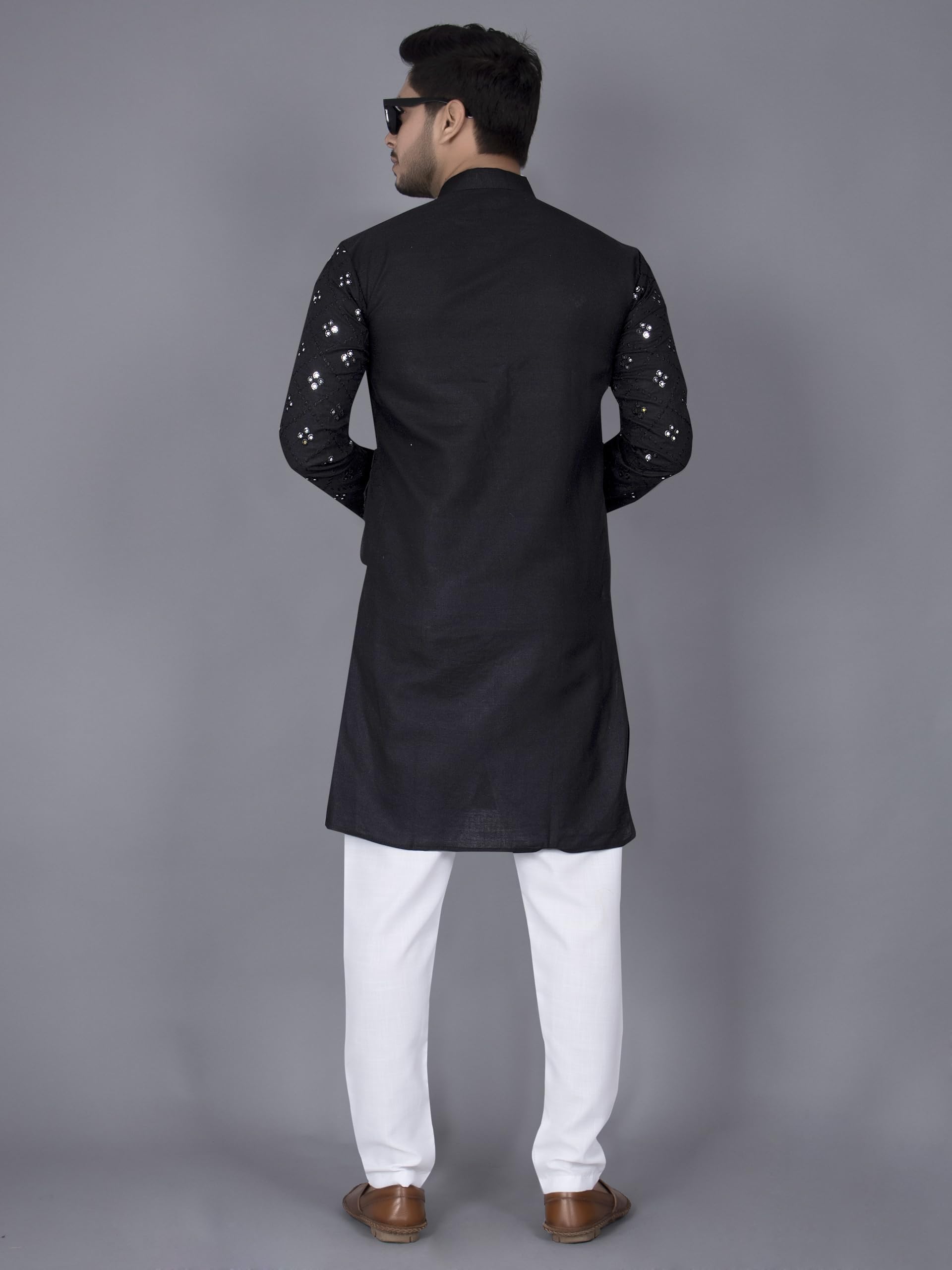 Xepon MenS Cotton Traditional Chikankari Mirror Work Embroidered Casual Knee Length Long Sleeve Mandarin Neck Straight Kurta Fo