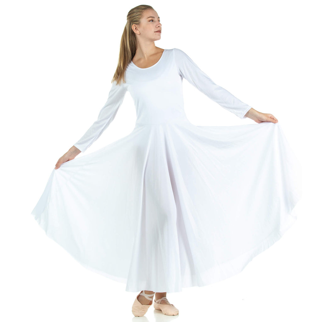Danzcue Womens Praise Loose Fit Full Length Long Sleeve Dance Dress, White, Medium