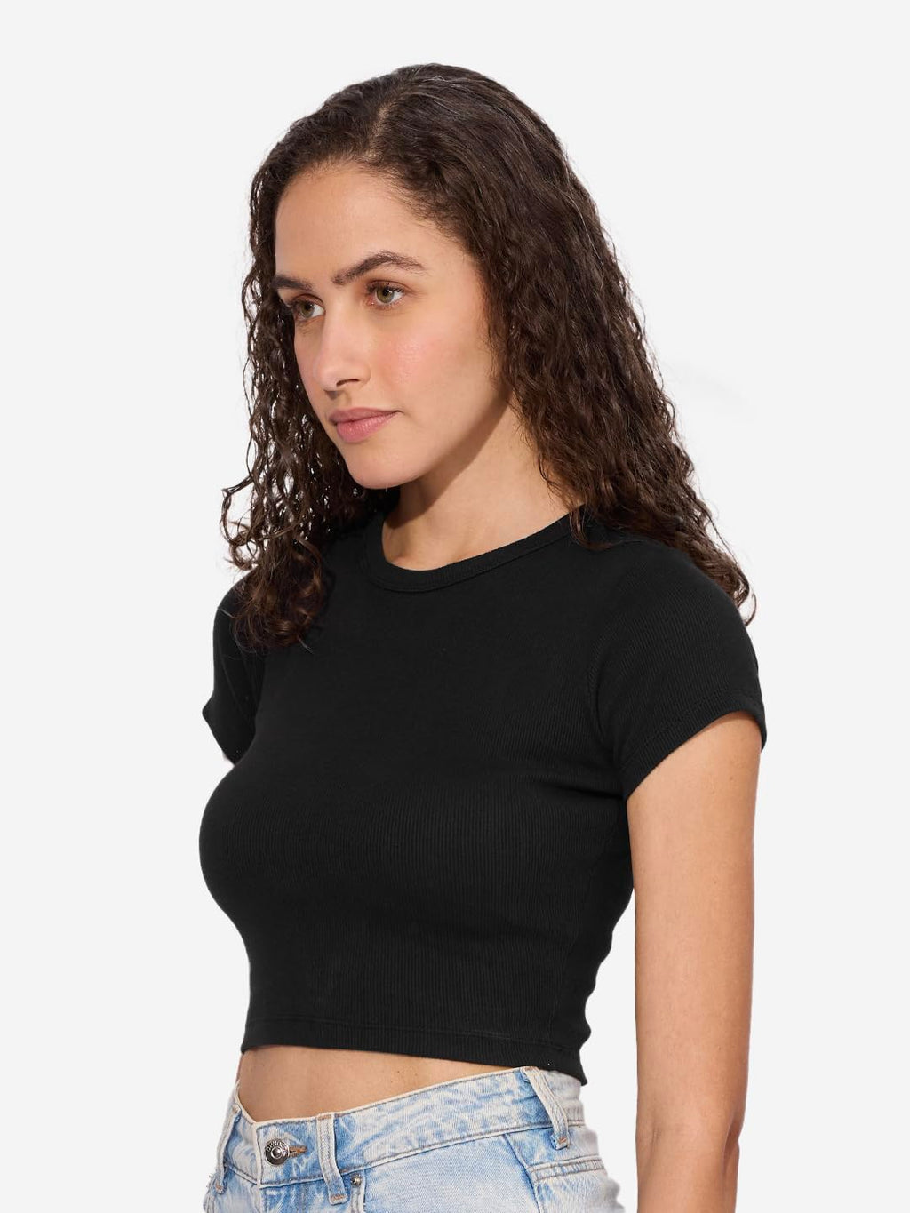 The Souled Store Solids: Jet Black Women and Girls Short Sleeves Round Neck Slim Fit Cropped Tops