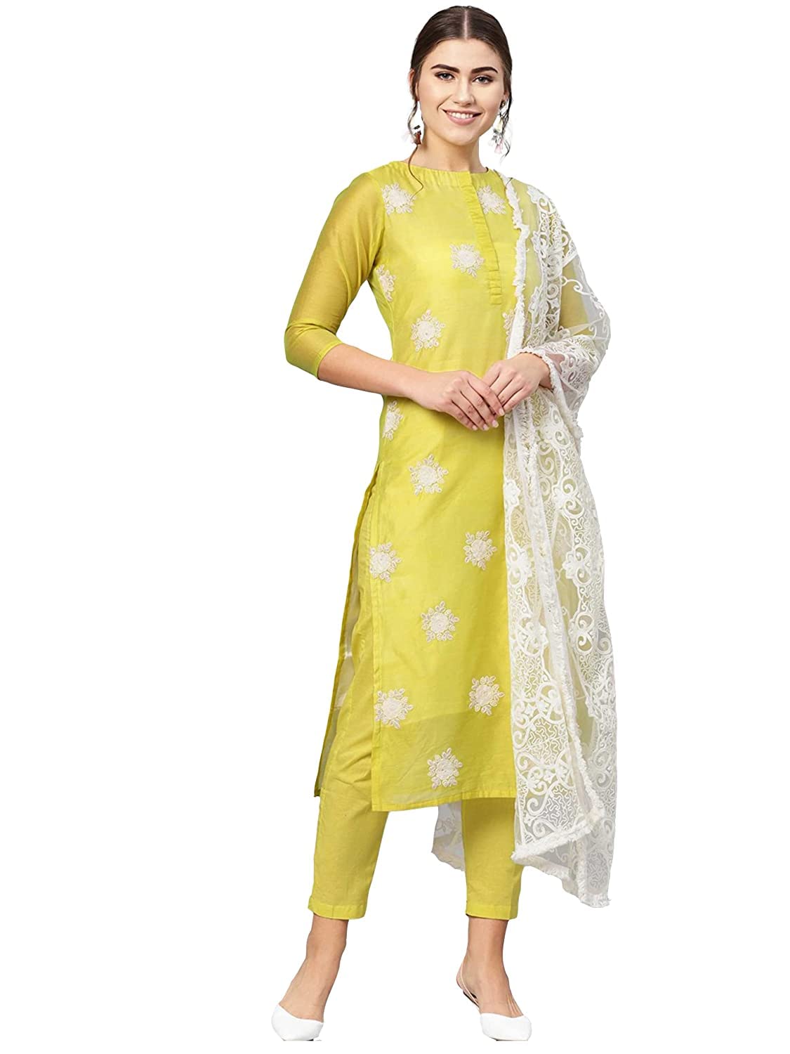 ANNI DESIGNER Women Cotton Blend Kurti Pant And Dupatta Set (White-Show Assorted_S_Assorted_S)
