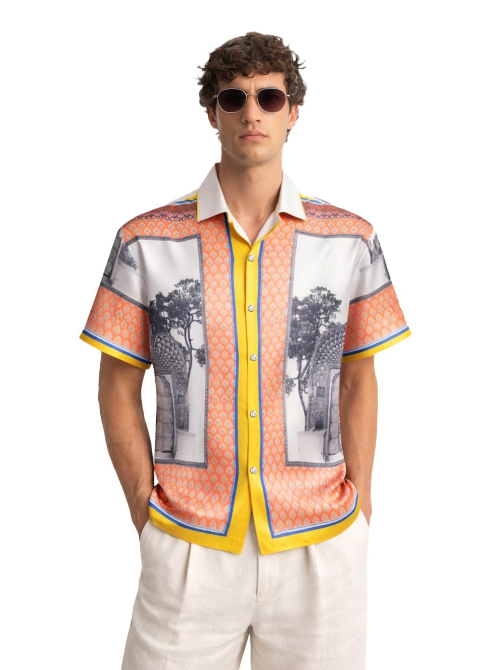 The Indian Garage Co Mens Relaxed Fit Border Print Cuban Collar Half Sleeves Resort Sweater