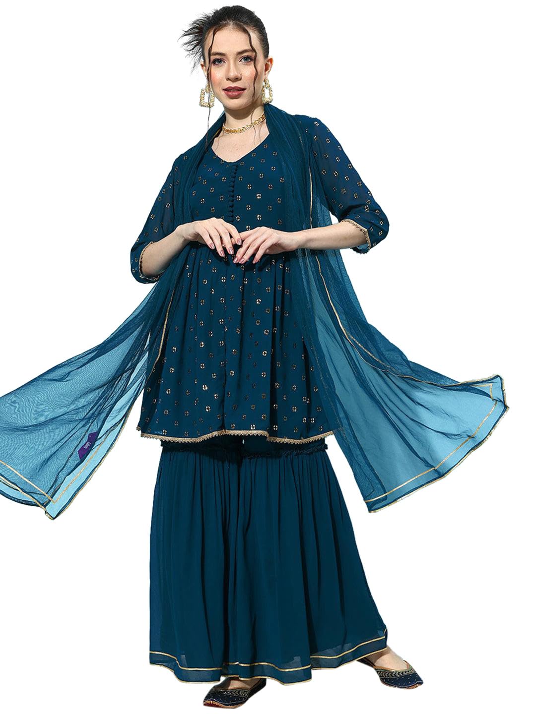 Libas WomenS Georgette Floral Kurta Sets (34704_Blue, Large