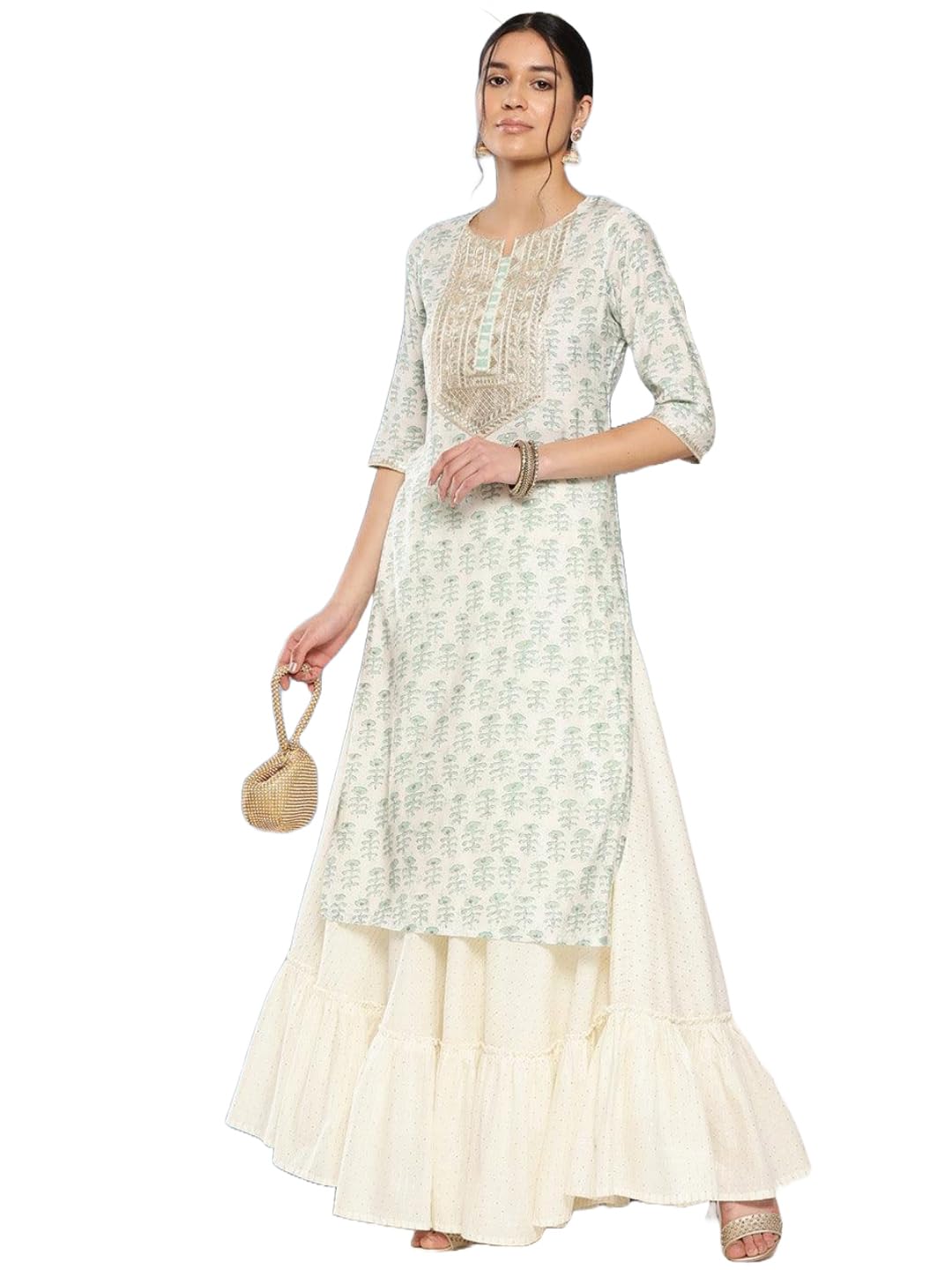 ANNI DESIGNER Womens Cotton Blend Printed Straight Kurta (Chameli_Green_Small)