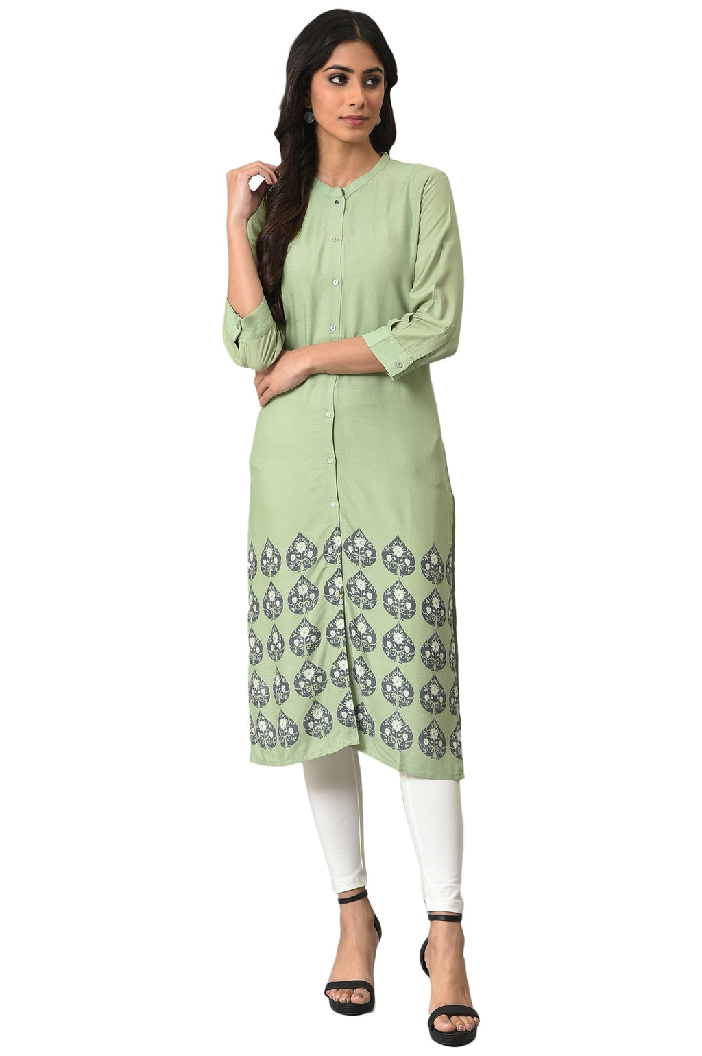 W For Woman Women'S Viscose Floral Regular Kurta (22Few17676-118119_Fern Green_Xl)