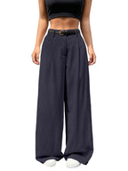Shasmi Womens Navy Blue Pleated High Waist Wide Leg Pants  Elegant Loose Fit Black Trousers with Pockets, Casual & Office Wear S