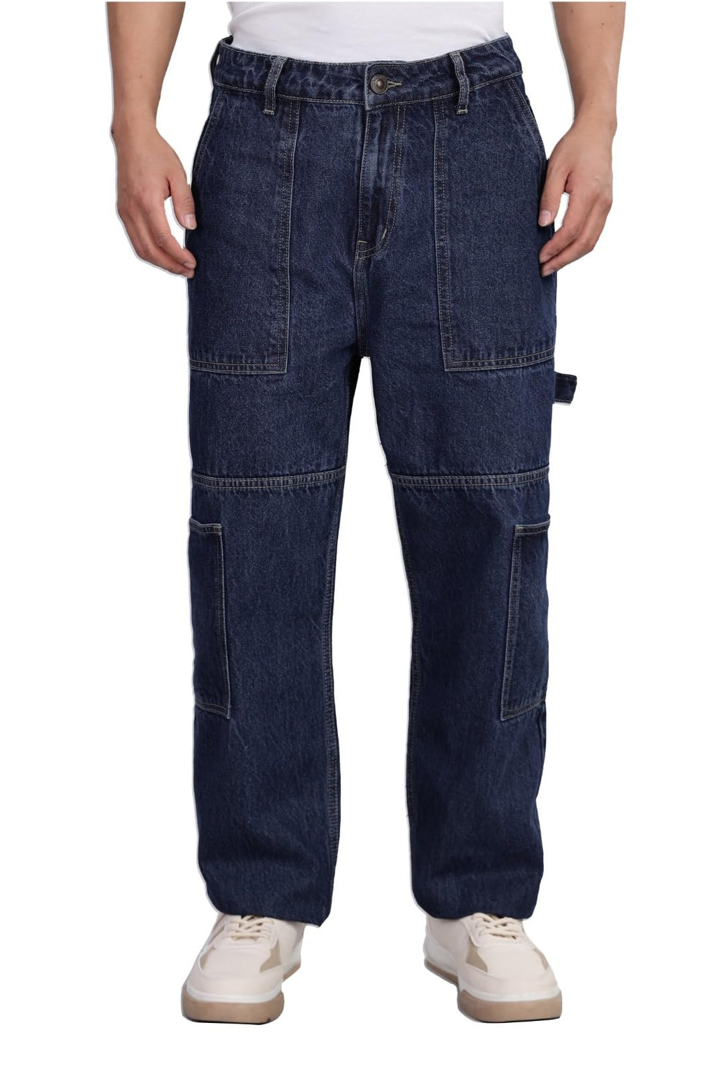 Inkd MenS Cargo Carpenter Baggy Jeans  Mid-Rise | 100% Cotton | Contrast Stitch| 6 Pocket Styling | Baggy Jeans For Man | Cargo