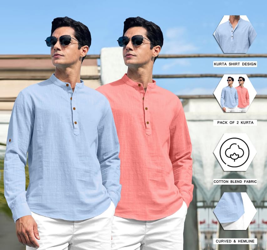 Royalscout Combo Of MenS Solid Cotton Blend Full Sleeve Straight Kurta Shirt (Pack Of 2)