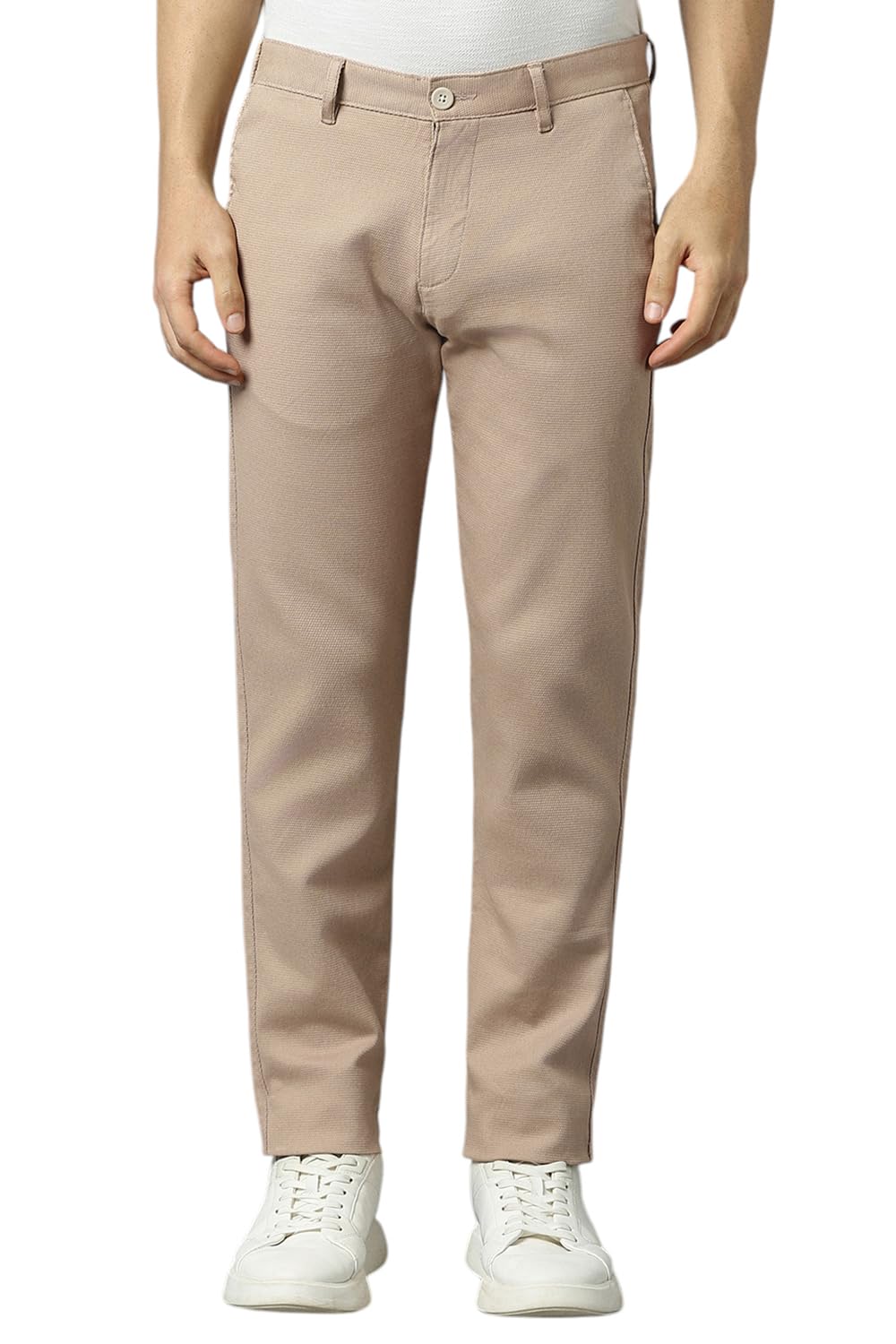 Men Beige Super Slim Fit Textured Flat Front Casual Trousers