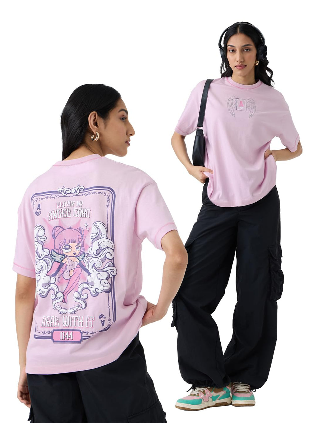 The Souled Store Angel Card Women and Girls Short Sleeves Round Neck Pink Graphic Printed Cotton Oversized T-Shirts