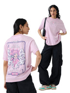 The Souled Store Angel Card Women and Girls Short Sleeves Round Neck Pink Graphic Printed Cotton Oversized T-Shirts