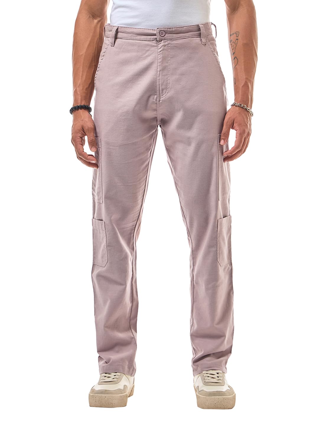 Bewakoof Mens Solid Regular Fit Cotton Linen Blend Cargo Pants_628747_Purple_28