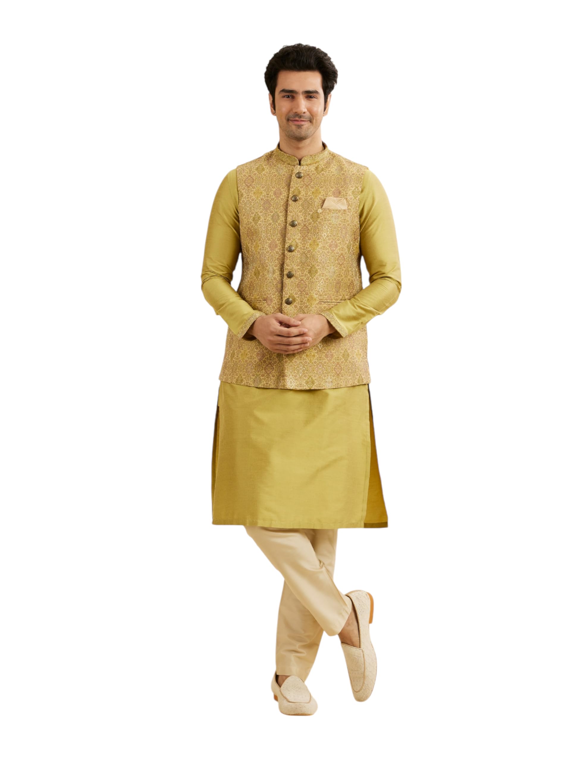 Manyavar Mens Brocade Ethnic Motifs Printed Kurta Jacket Set (Mehndi Green,XXL)
