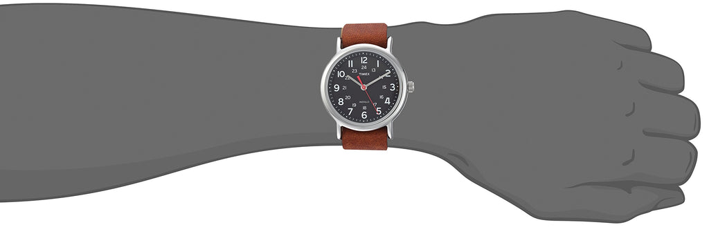Timex Unisex Weekender 38mm Watch - Silver-Tone Case Black Dial with Brown Leather Slip-Thru Strap