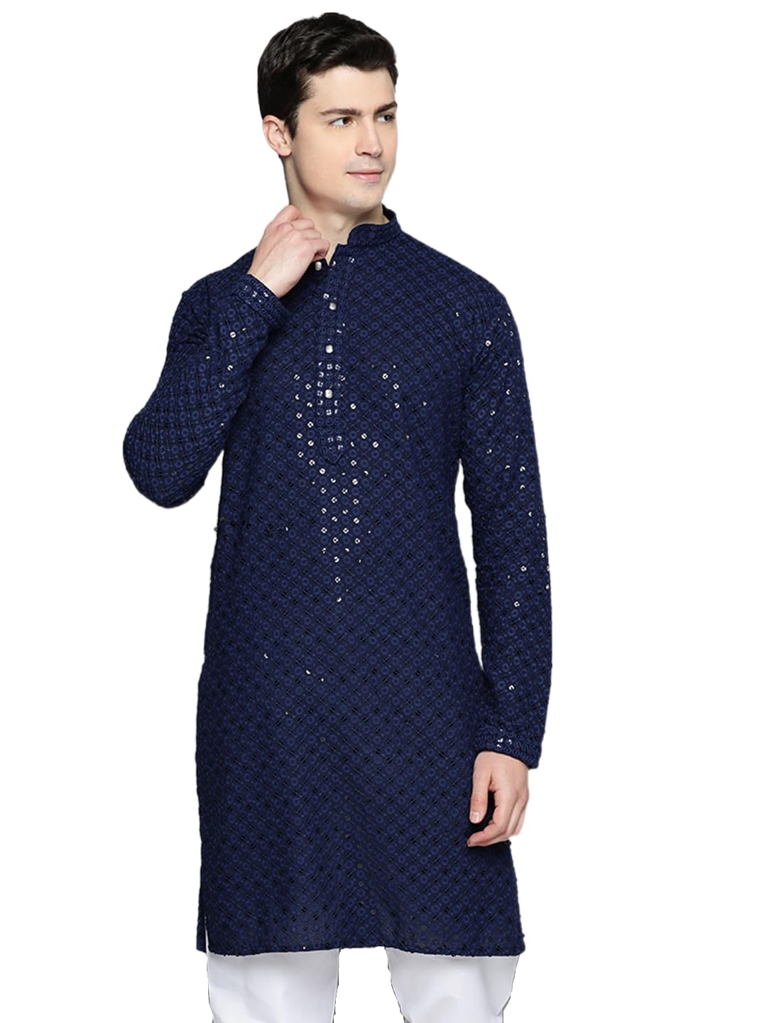 Jompers Mens Navy Chikankari Embroidered And Sequence Kurtas (Navy, M)