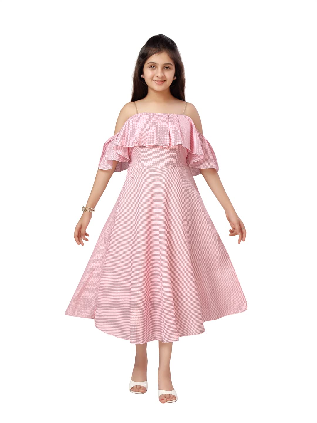 Aarika Girls Cotton Blend A-Line Calf Length Dress (DR-21987_Pink_9-10 Years)