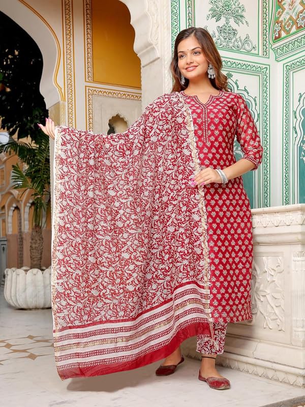 Pinkmint Women Cotton Blend Straight Printed Kurta with Pant