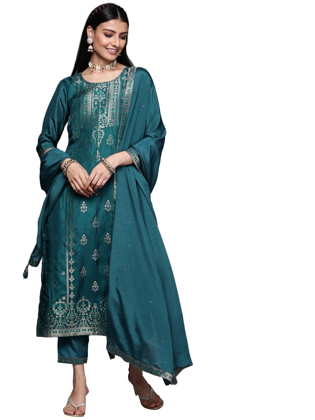 Libas Womens Silk Blend Kurta Sets (33343O_Teal