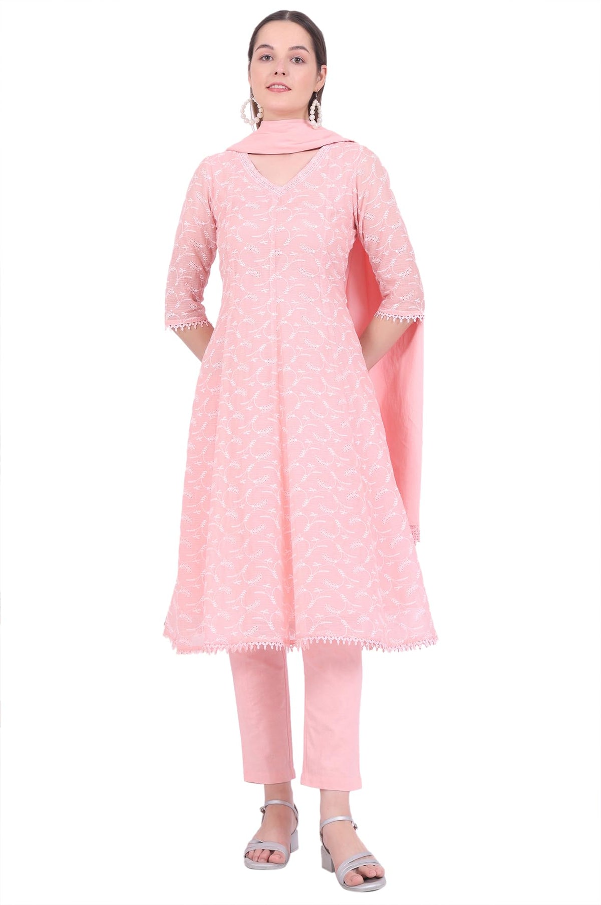 Aurelia WomenS Orange Embroidered Cotton Blend Anarkali With Trousers & Dupatta Set (Size: S)-As15785-E608027