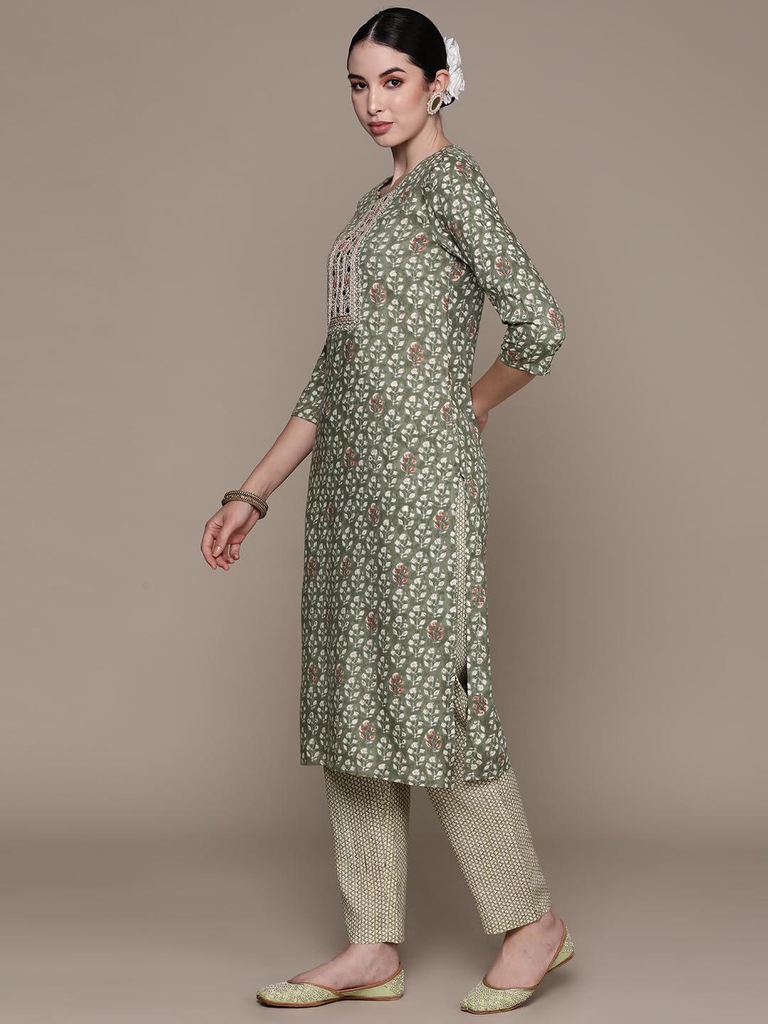 Anubhutee Women'S Viscose Rayon Printed Mauve Straight Kurta Suit Set With Pants