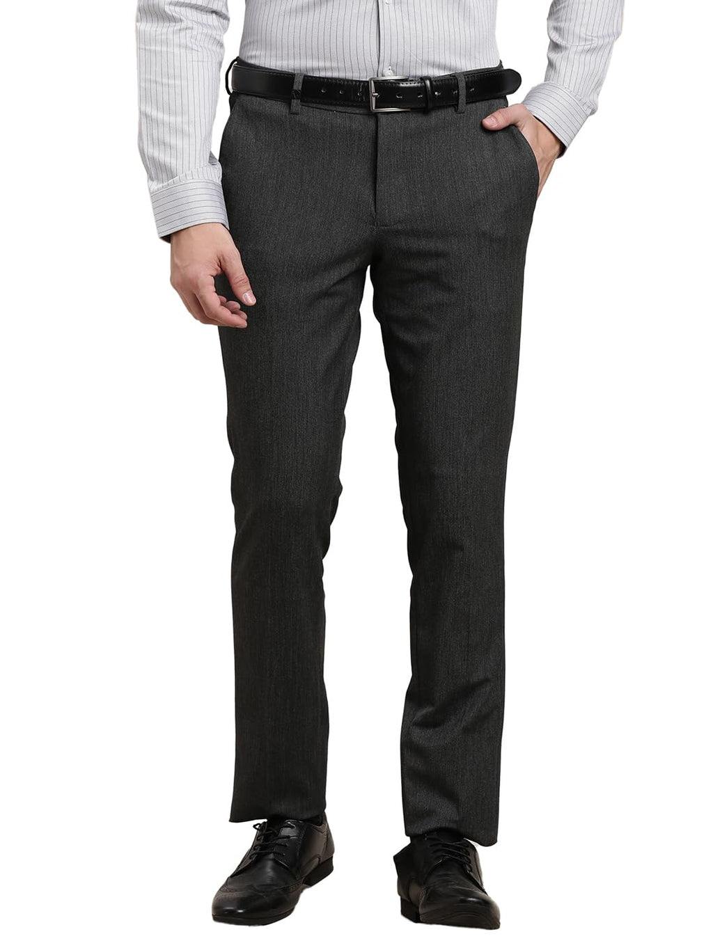 Turtle Men 4 Way Stretch Slim Fit Solid Charcoal Flat Front Formal Trouser