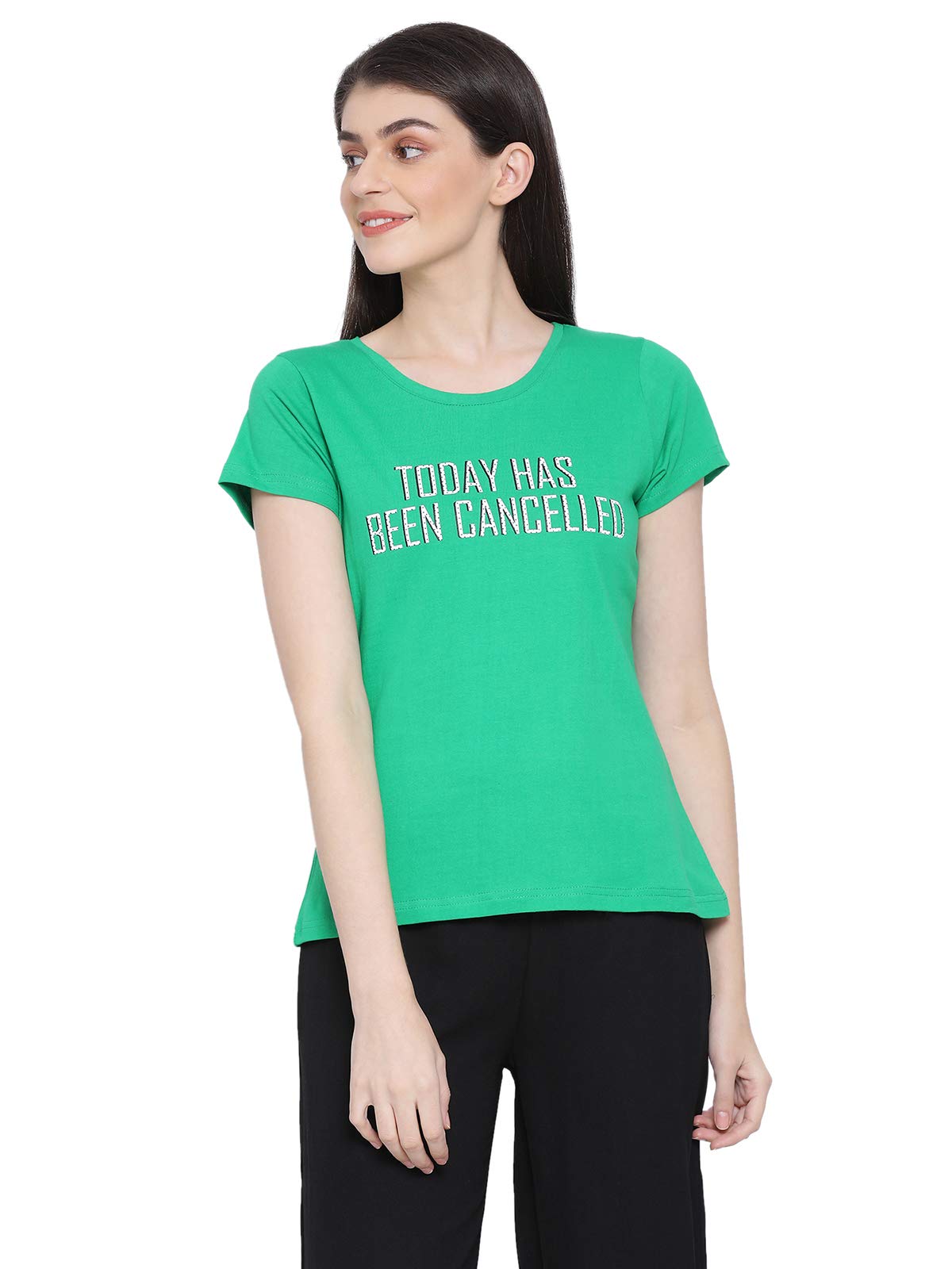 Clovia Womens Cotton Chic Basic Short Sleeve T-Shirt (LT0124G17_Green_S)