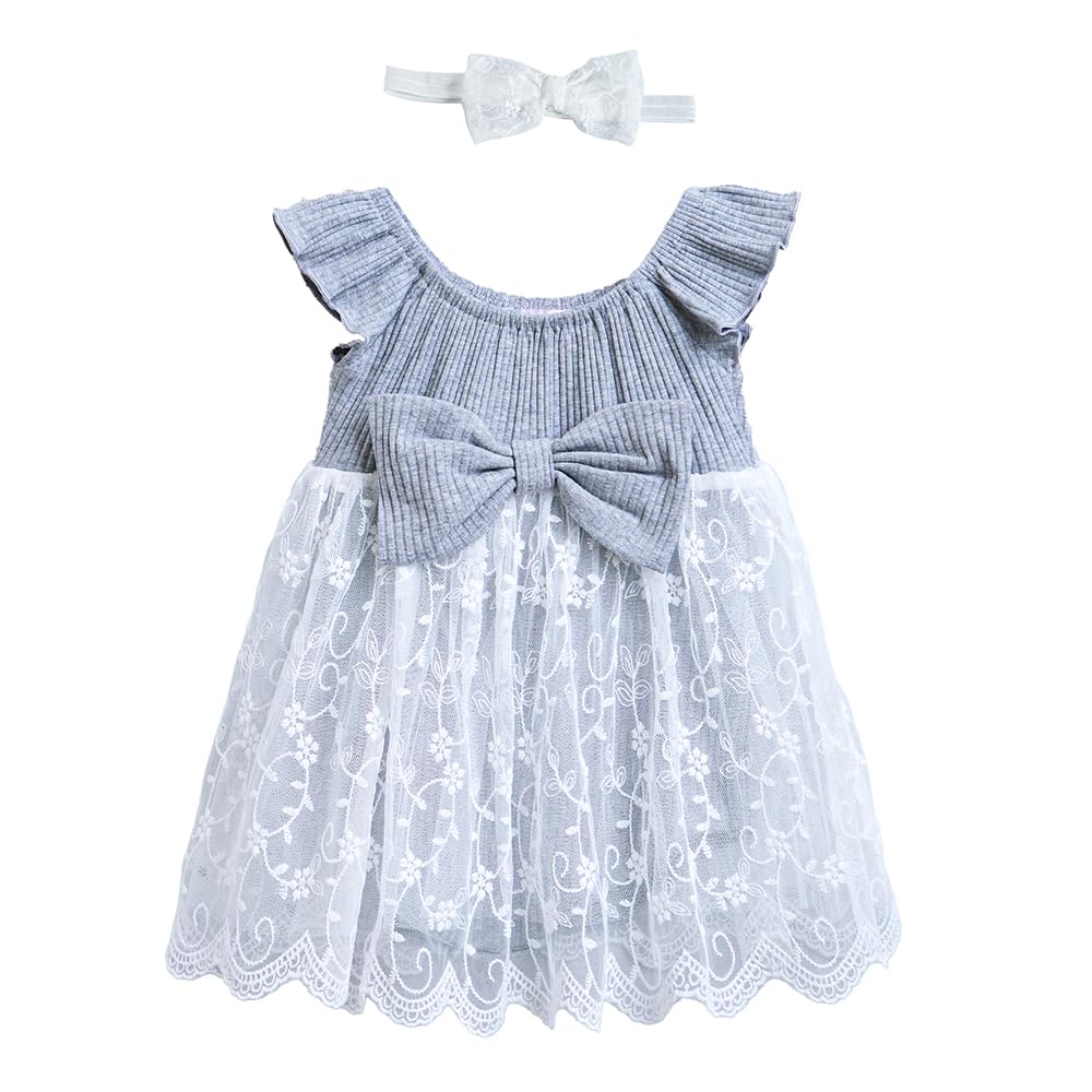 Hopscotch Girls Ruffled Sleeves Grey Pure Cotton Embroidered Dress With Headband (1824 Months) 18-24