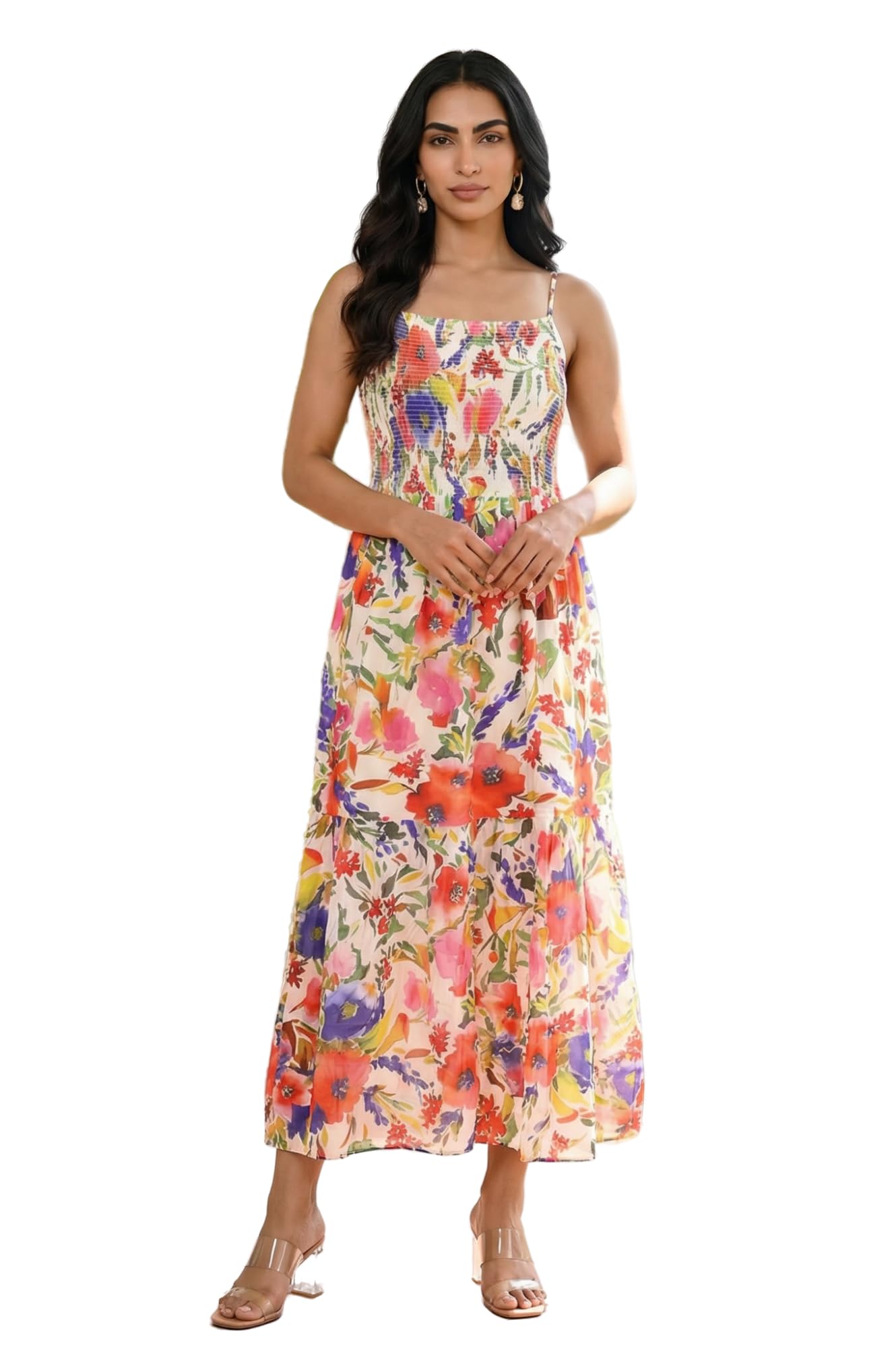 Aurelia WomenS Off White Bold Floral Printed Noodle Straps Rayon A-Line Dress - (A16323-510473-Xs)