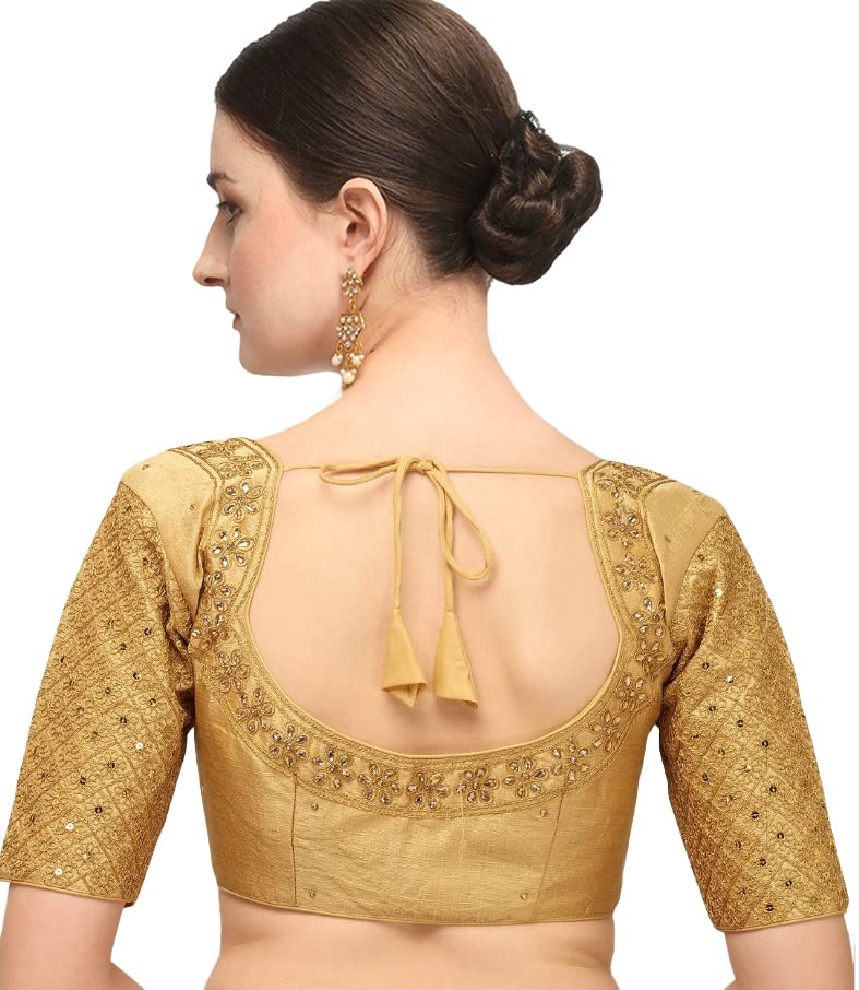 Pujia Mills Womens Embroidery Handwork Sequence Work Necklace Design Readymade Blouse (Gold, 36)