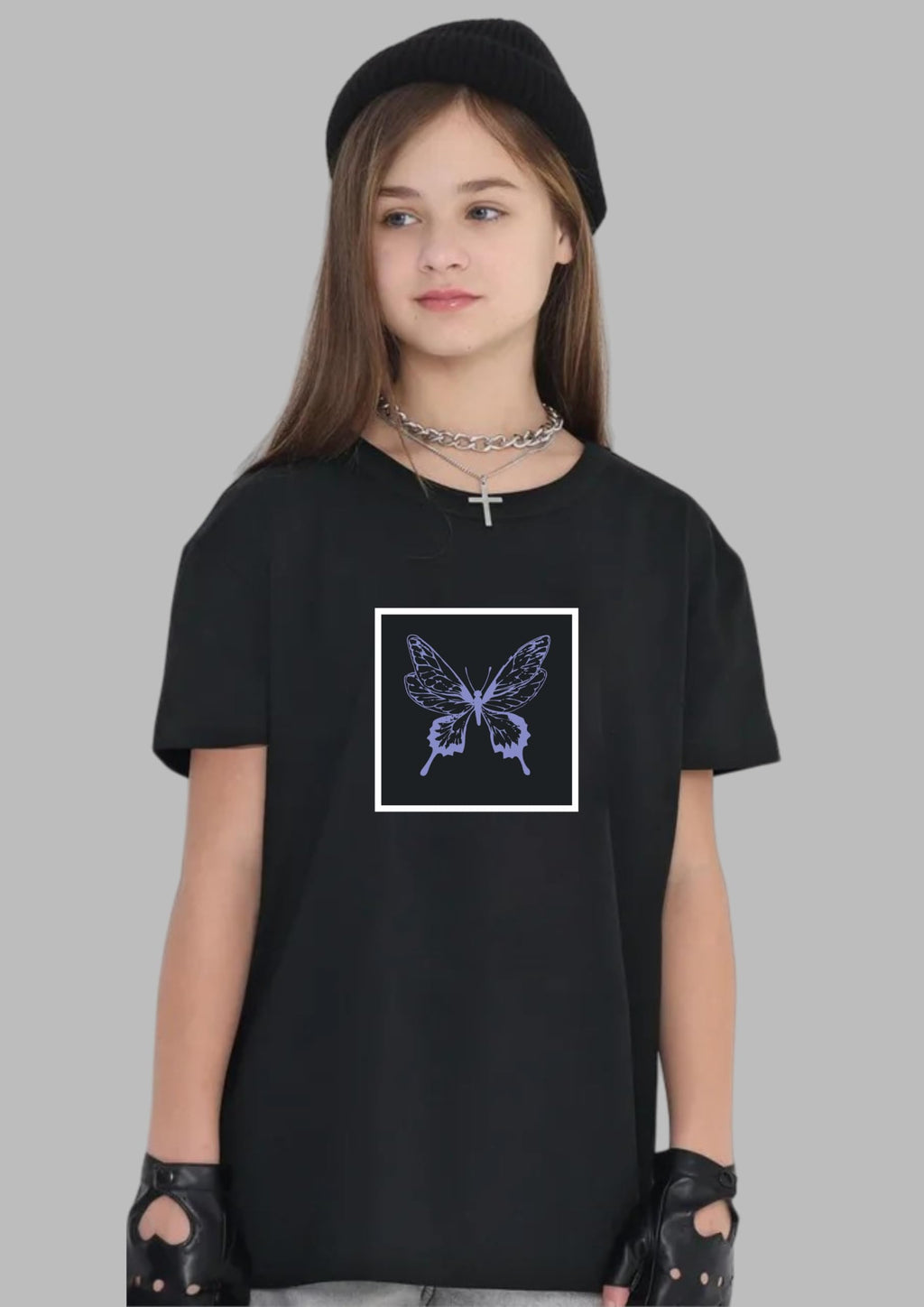 Uniplanet Store GirlS Cotton T-Shirts With Butterfly Graphic Prints Round Neck Half Sleeves Regular Fit And Standard Length Bla