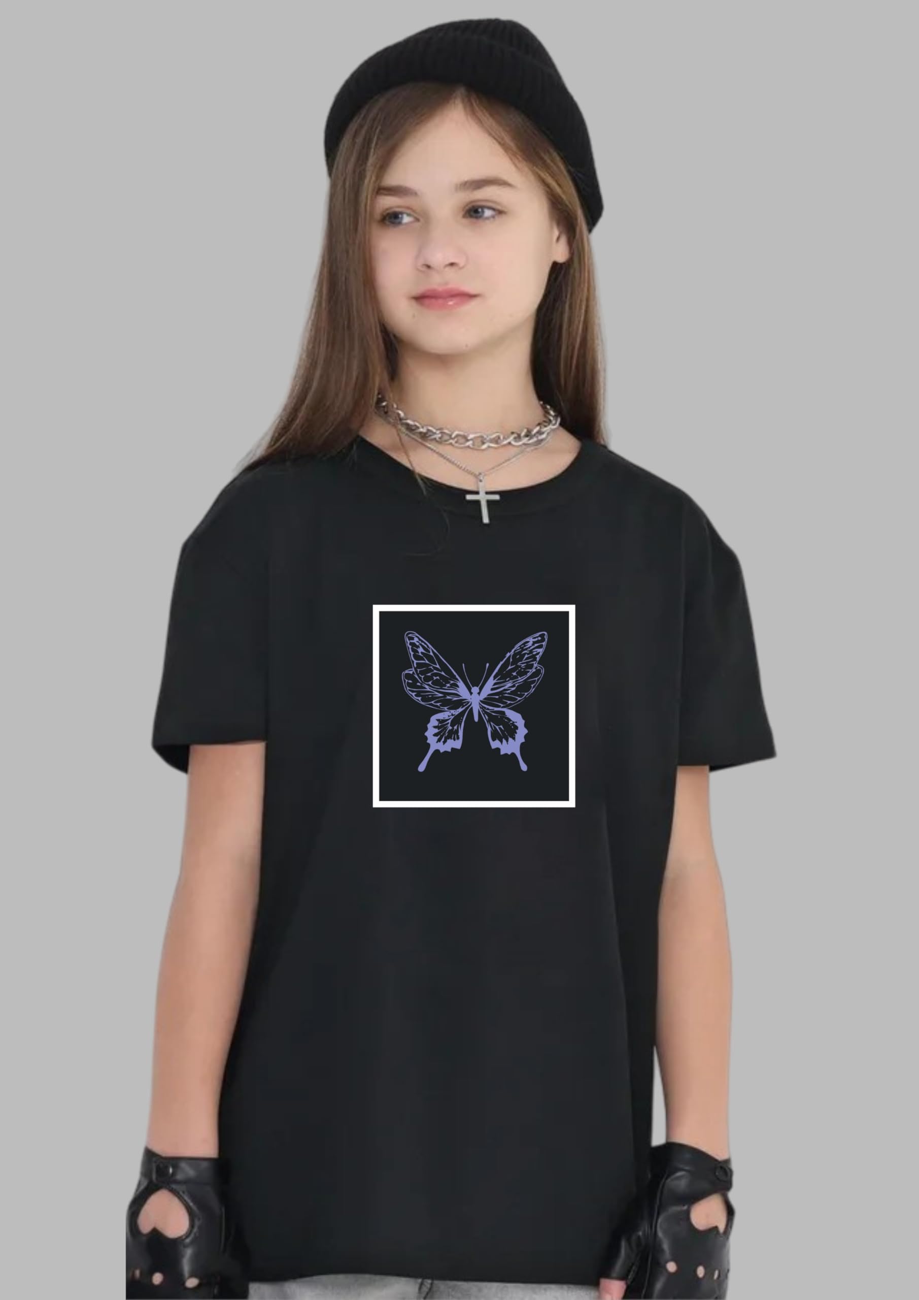 Uniplanet Store GirlS Cotton T-Shirts With Butterfly Graphic Prints Round Neck Half Sleeves Regular Fit And Standard Length Bla