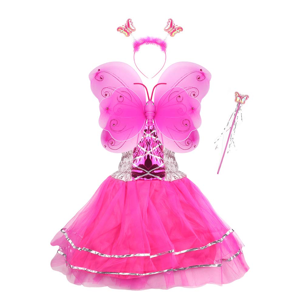 VOWOV Halloween Girls Dress Up Princess Fairy Costume Set with Dress, Wings, Wand and Headband for Children Ages 3-10