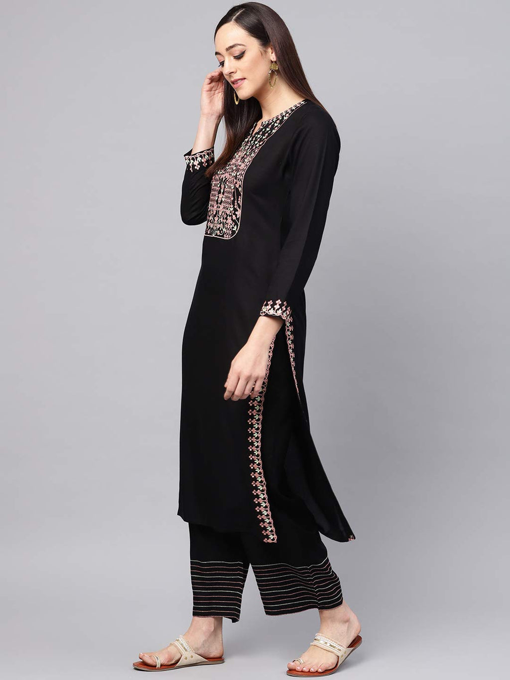 Idalia Designer Long Kurta With Palazzo - Elegant Embroidered Kurta Set, Straight Kurta With Palazzo Pant, Full Sleeve, Round V Neck, Calf Length, Rayon Fabric