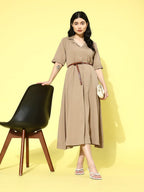 Varanga Women Beige Shirt Collar A-Line Dress  Stylish Calf Length Short Sleeves Dress For Comfortable Everyday Wear, Women Kurt