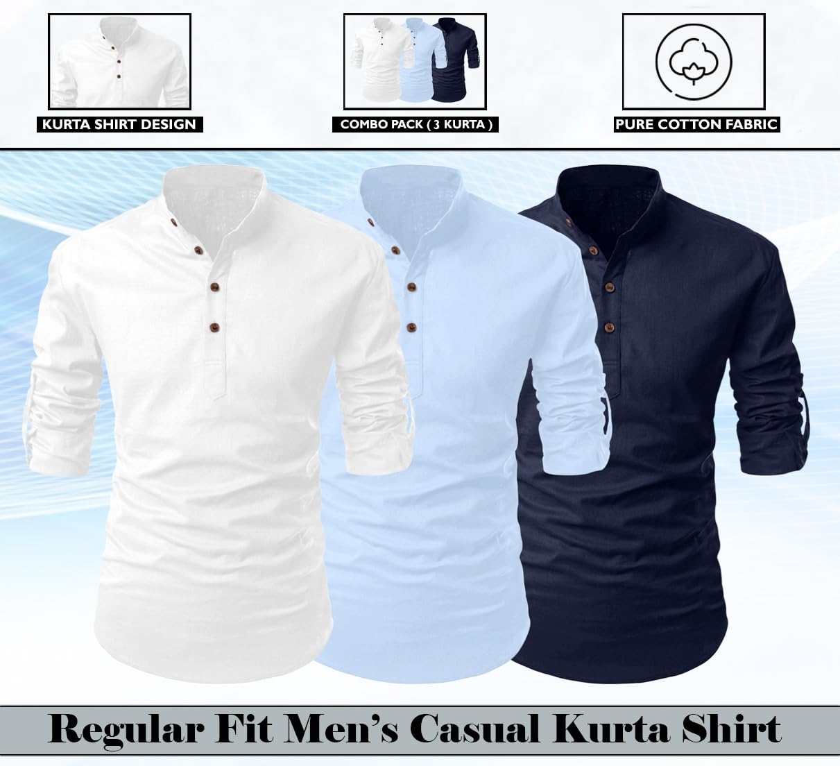 Finivo Fashion Combo Of MenS Cotton Blend Solid Full Sleeve Short Kurta