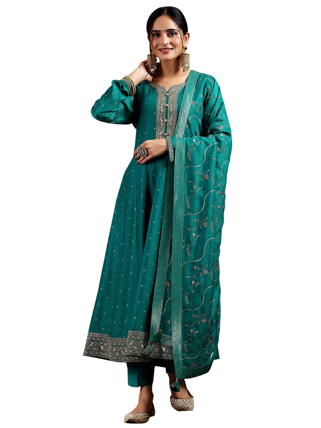 Libas Green Silk Blend Embroidered Kurta Sets For Women