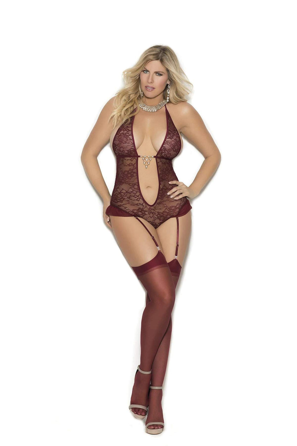 Lace teddiette with ultra deep V neckline and rhinestone front detail.