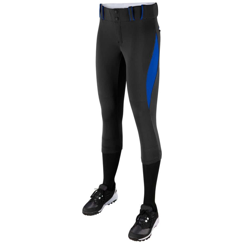CHAMPRO Surge Traditional Low-Rise Fastpitch Softball Pant with Contrast-Color Braid Piping, Black, Royal, Girls' Small (BP28GBR