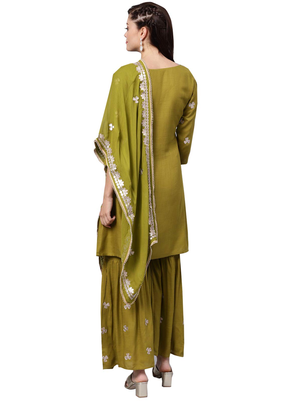 Ishin Women'S Viscose Rayon Self Design Gotta Patti Green Ethnic Motifs Print A-Line Kurta Suit Set With Dupatta & Sharara