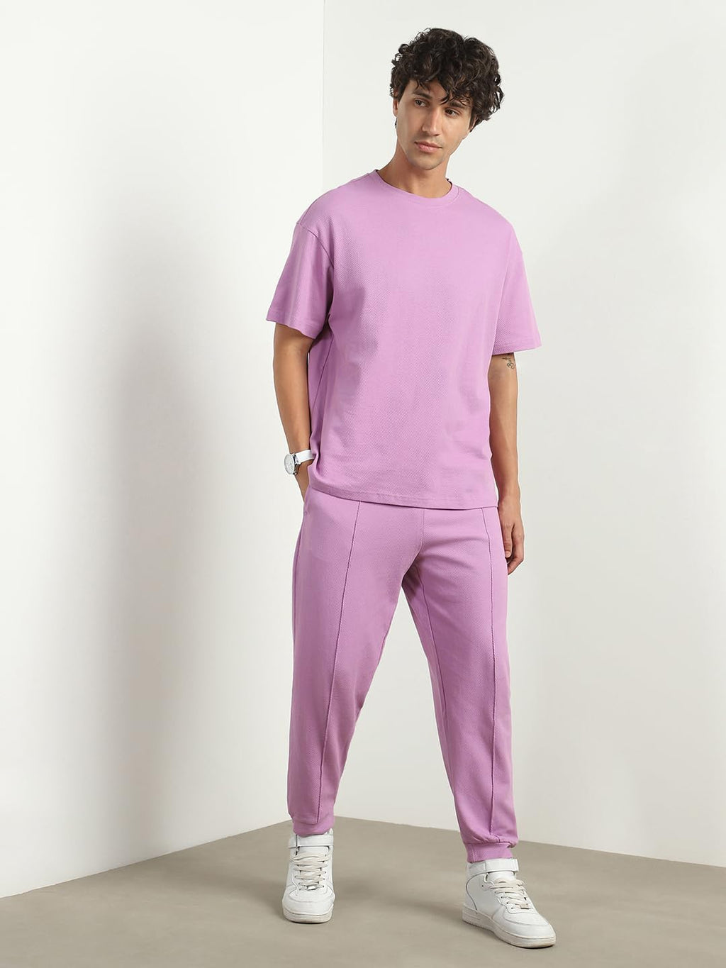 Nobero MenS Mauve Oversized Moses Co-Ord Set - Pink Popcorn Textured Co-Ord Set - Crew-Neck T-Shirt & Joggers Set - Oversized F