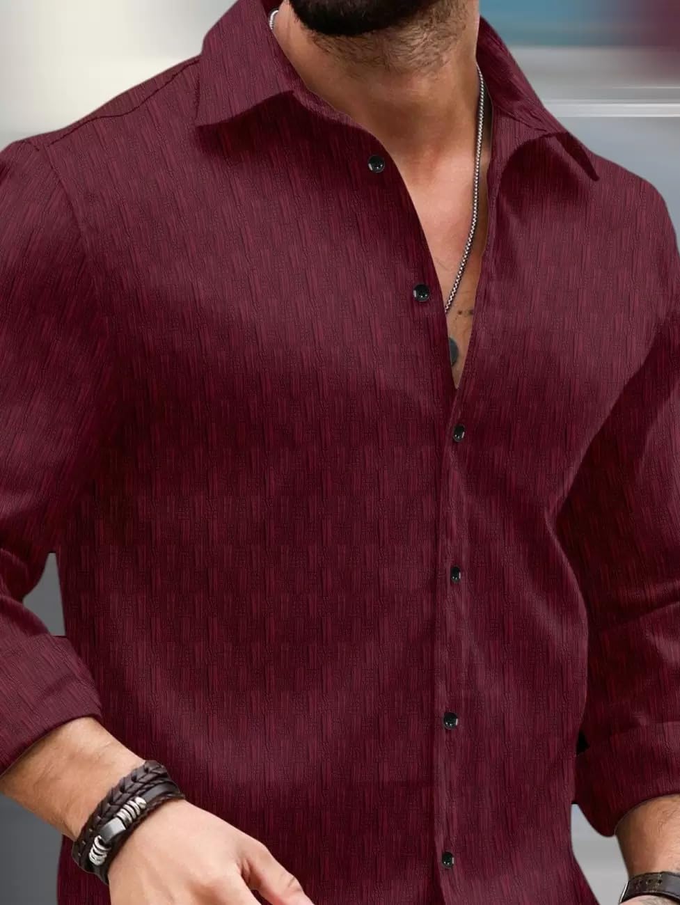 Deelmo MenS Regular Fit Button Down Dress Shirts Textured Long Sleeve Casual Hawaiian Shirt Maroon