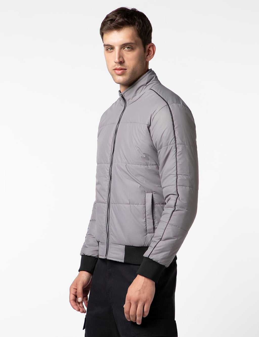 FYLTR Mens Lightweight Winter Puffer Jacket with Contrast Piping Detail - Stand Collar | Full Zipper | Side Pockets | Ribbed He