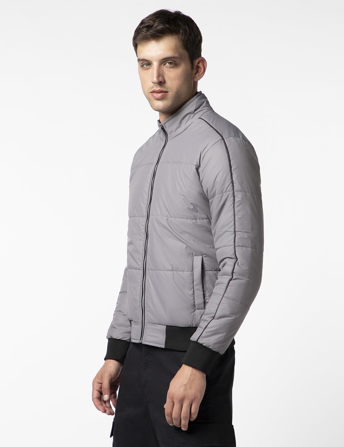 FYLTR Mens Lightweight Winter Puffer Jacket with Contrast Piping Detail - Stand Collar | Full Zipper | Side Pockets | Ribbed He