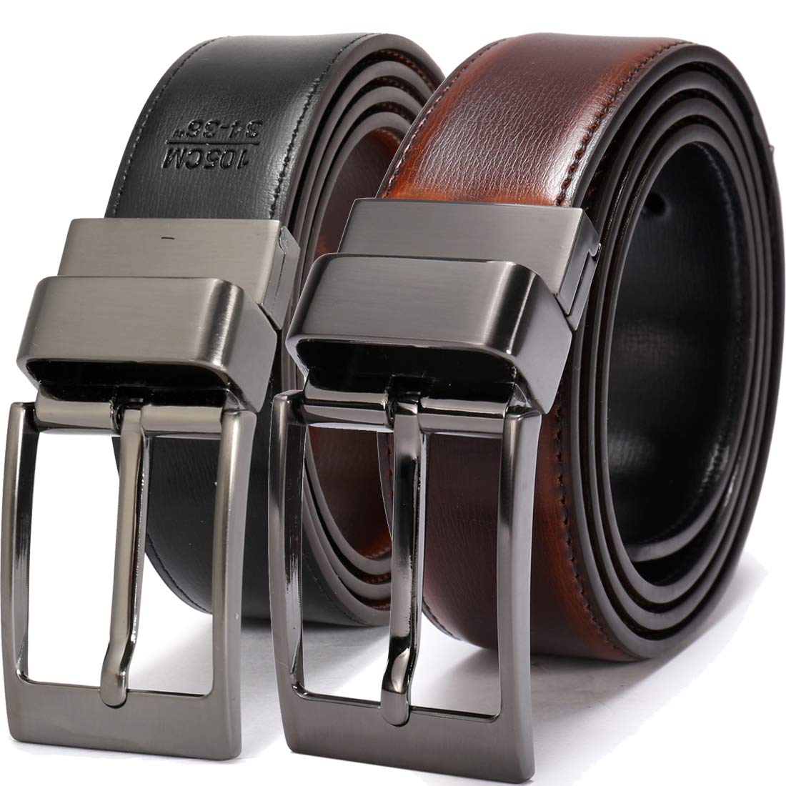 Beltox Fine MenS Dress Belt Leather Reversible 1.25 Wide Rotated Buckle Gift BoxBlack Buckle With Cognac/Black Belt,5254 52-54
