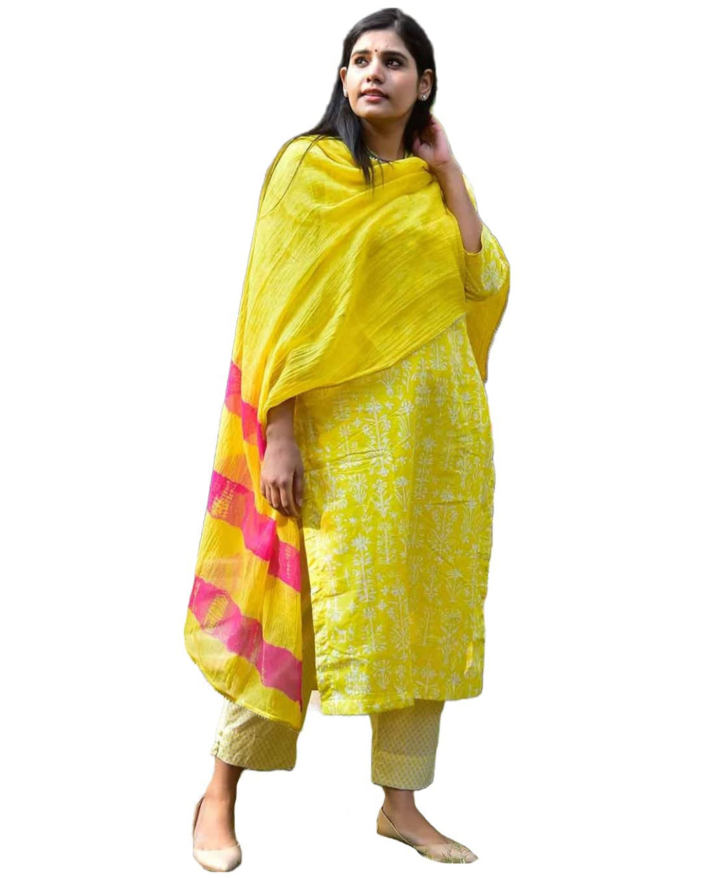 Gosriki Women'S Cotton Blend Straight Printed Kurta With Pant & Dupatta (Bagru-Yellow-Gs_4Xl_Yellow_Xxxx-Large)