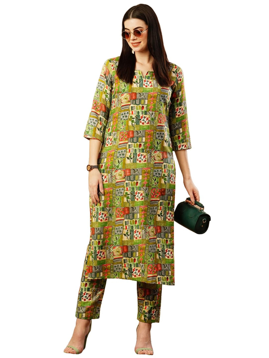 ANNI DESIGNER Womens Cotton Blend Straight Printed Kurta with Pant (ING 10 Green_L_Green_Large)